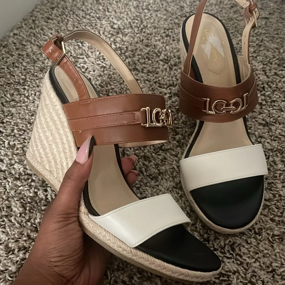 Liz Claiborne Brown Black & White Espadrille Wedge Sandals